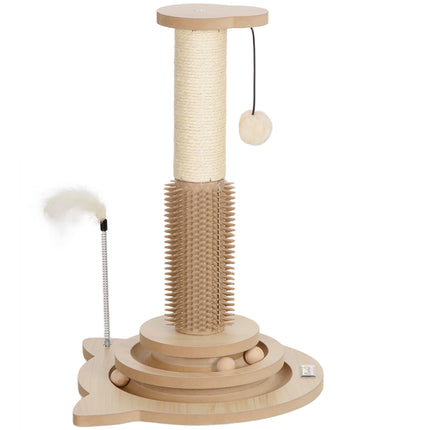 49cm 5-in-1 Cat Scratching Post with Sisal, Track Ball, Grooming Brush & Toys - Oak Tone