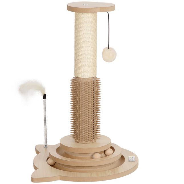 49cm 5-in-1 Cat Scratching Post with Sisal, Track Ball, Grooming Brush & Toys - Oak Tone