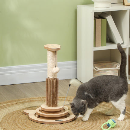 49cm 5-in-1 Cat Scratching Post with Sisal, Track Ball, Grooming Brush & Toys - Oak Tone