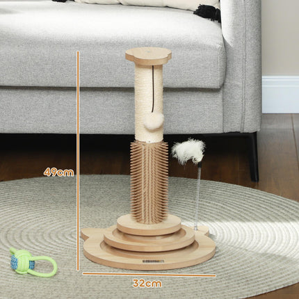 49cm 5-in-1 Cat Scratching Post with Sisal, Track Ball, Grooming Brush & Toys - Oak Tone