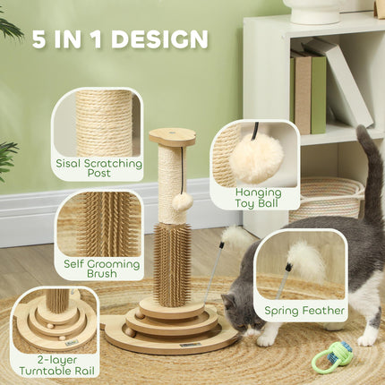 49cm 5-in-1 Cat Scratching Post with Sisal, Track Ball, Grooming Brush & Toys - Oak Tone