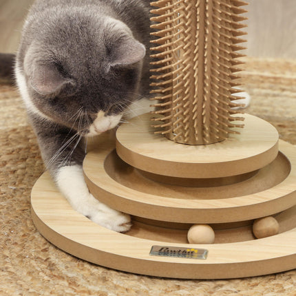 49cm 5-in-1 Cat Scratching Post with Sisal, Track Ball, Grooming Brush & Toys - Oak Tone
