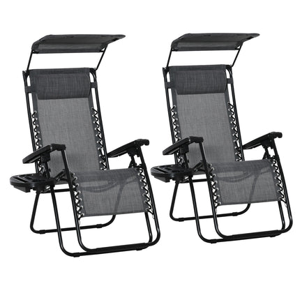 2 Piece Foldable Zero Gravity Reclining Garden Chairs with Headrest, Footrest, Armrest, Cup Holder & Canopy Shade - Light Grey