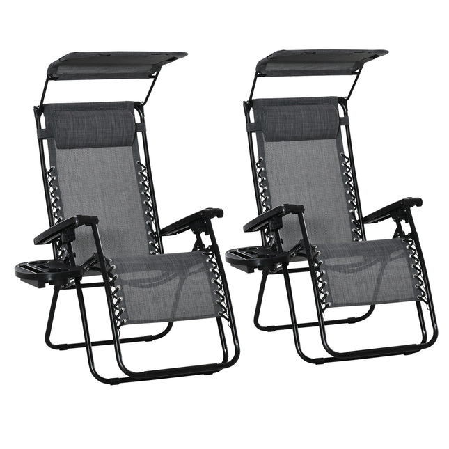 2 Piece Foldable Zero Gravity Reclining Garden Chairs with Headrest, Footrest, Armrest, Cup Holder & Canopy Shade - Light Grey