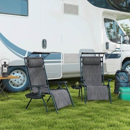 2 Piece Foldable Zero Gravity Reclining Garden Chairs with Headrest, Footrest, Armrest, Cup Holder & Canopy Shade - Light Grey
