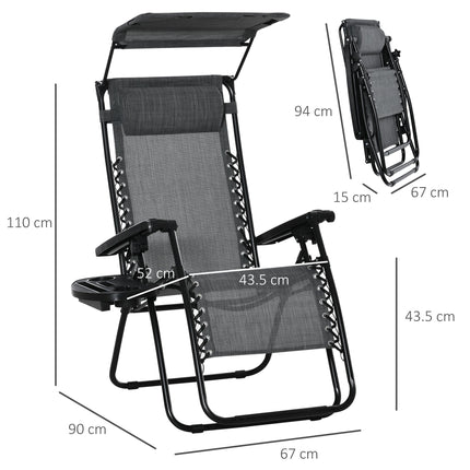 2 Piece Foldable Zero Gravity Reclining Garden Chairs with Headrest, Footrest, Armrest, Cup Holder & Canopy Shade - Light Grey