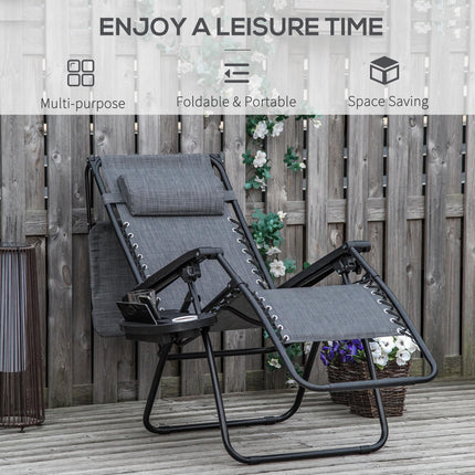 2 Piece Foldable Zero Gravity Reclining Garden Chairs with Headrest, Footrest, Armrest, Cup Holder & Canopy Shade - Light Grey