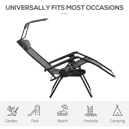 2 Piece Foldable Zero Gravity Reclining Garden Chairs with Headrest, Footrest, Armrest, Cup Holder & Canopy Shade - Light Grey