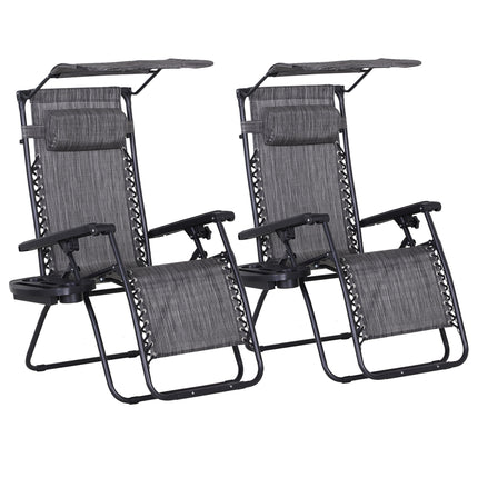 2 Piece Foldable Zero Gravity Reclining Garden Chairs with Headrest, Footrest, Armrest, Cup Holder & Canopy Shade - Grey