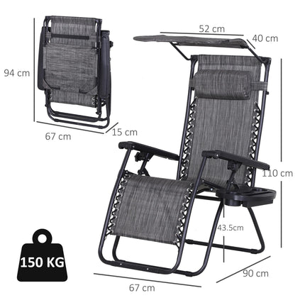 2 Piece Foldable Zero Gravity Reclining Garden Chairs with Headrest, Footrest, Armrest, Cup Holder & Canopy Shade - Grey