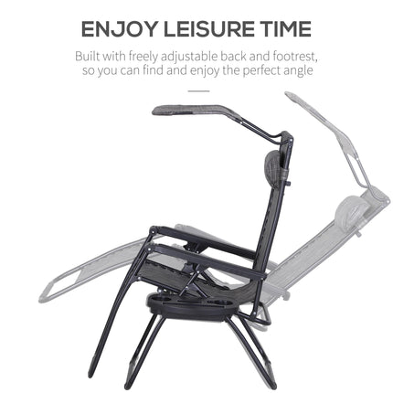 2 Piece Foldable Zero Gravity Reclining Garden Chairs with Headrest, Footrest, Armrest, Cup Holder & Canopy Shade - Grey