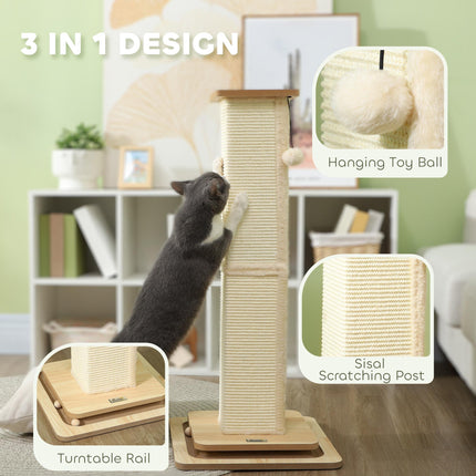 3-in-1 Cat Scratching Post with Track Ball Toy, 87cm Tall - Oak Tone