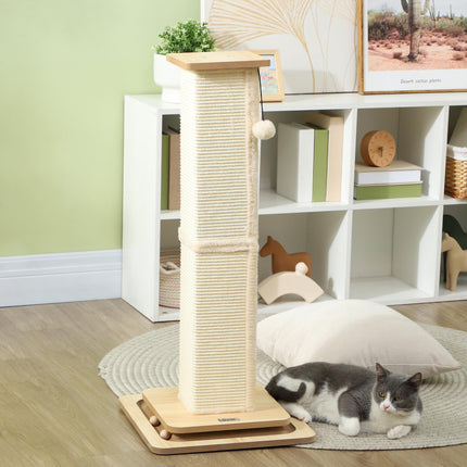 3-in-1 Cat Scratching Post with Track Ball Toy, 87cm Tall - Oak Tone