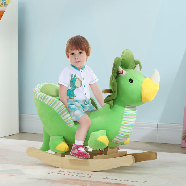 Baby Rocking Dinosaur with Animal Sounds, Safety Belt, Wooden Base for Toddlers 18-36 Months - Green