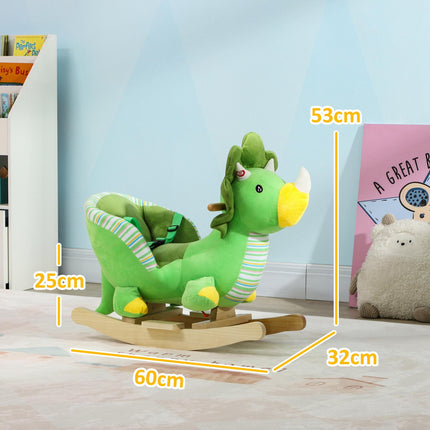 Baby Rocking Dinosaur with Animal Sounds, Safety Belt, Wooden Base for Toddlers 18-36 Months - Green