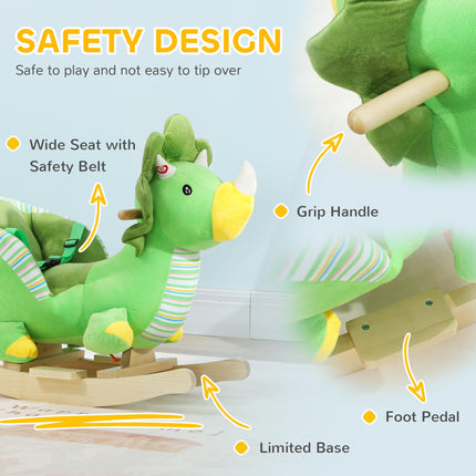 Baby Rocking Dinosaur with Animal Sounds, Safety Belt, Wooden Base for Toddlers 18-36 Months - Green