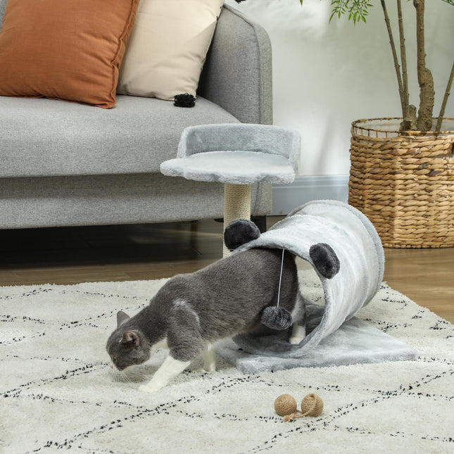 47cm Small Cat Tree w/ Scratching Post, Bed, Cat Tunnel, Toy Ball, Grey