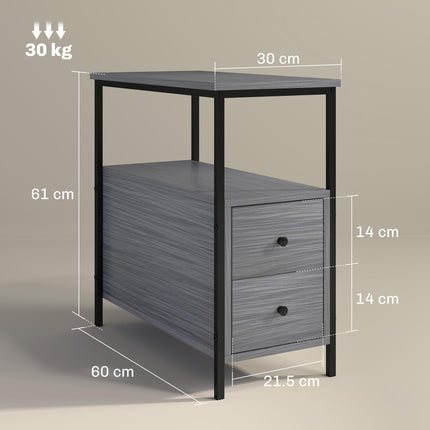 Side Table, Narrow Bedside Table with 2 Drawers and Storage Shelf, Industrial End Table with Metal Frame for Small Spaces, Grey Wood Grain