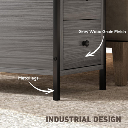 Side Table, Narrow Bedside Table with 2 Drawers and Storage Shelf, Industrial End Table with Metal Frame for Small Spaces, Grey Wood Grain