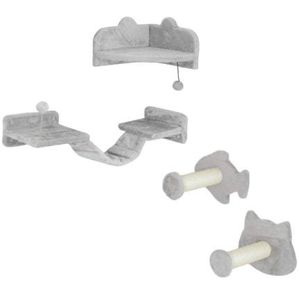 4PC Cat Wall Shelves with Steps, Ladder & Jumping Platforms - Light Grey