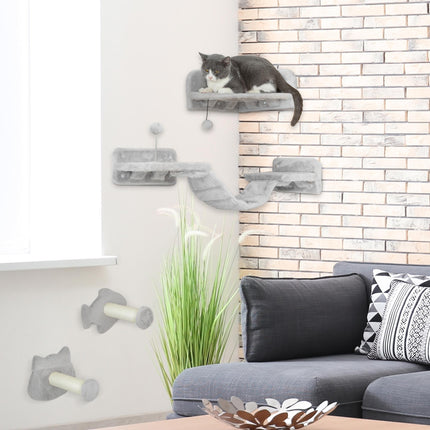 4PC Cat Wall Shelves with Steps, Ladder & Jumping Platforms - Light Grey