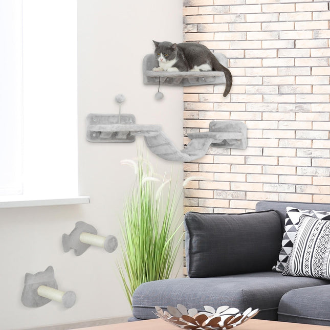 4PC Cat Wall Shelves with Steps, Ladder & Jumping Platforms - Light Grey