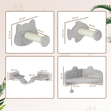 4PC Cat Wall Shelves with Steps, Ladder & Jumping Platforms - Light Grey