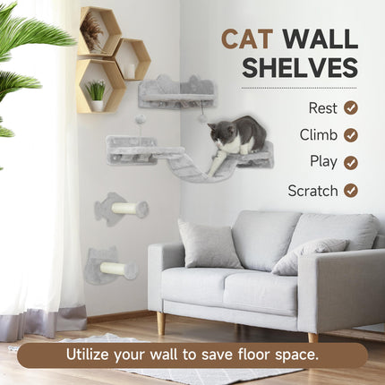 4PC Cat Wall Shelves with Steps, Ladder & Jumping Platforms - Light Grey