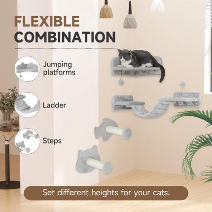 4PC Cat Wall Shelves with Steps, Ladder & Jumping Platforms - Light Grey