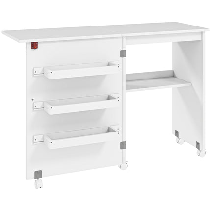 Folding Sewing Table with Drop Leaf, Storage Bins, Open Shelf & Wheels - White