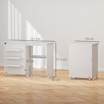 Folding Sewing Table with Drop Leaf, Storage Bins, Open Shelf & Wheels - White