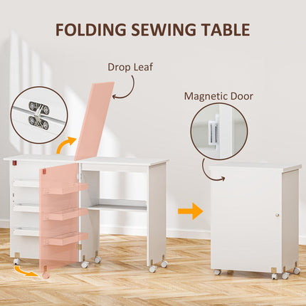 Folding Sewing Table with Drop Leaf, Storage Bins, Open Shelf & Wheels - White