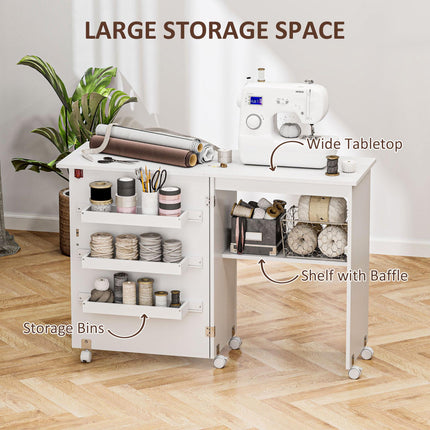 Folding Sewing Table with Drop Leaf, Storage Bins, Open Shelf & Wheels - White