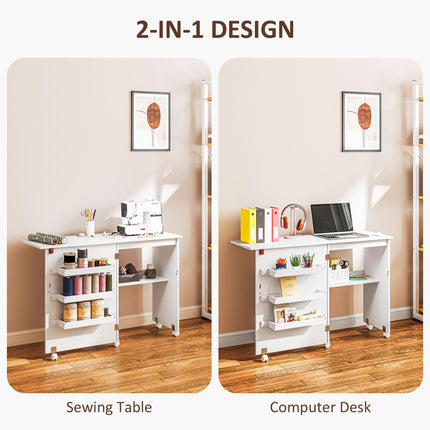 Folding Sewing Table with Drop Leaf, Storage Bins, Open Shelf & Wheels - White