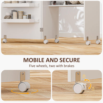 Folding Sewing Table with Drop Leaf, Storage Bins, Open Shelf & Wheels - White