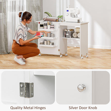 Folding Sewing Table with Drop Leaf, Storage Bins, Open Shelf & Wheels - White