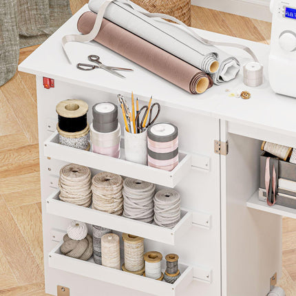 Folding Sewing Table with Drop Leaf, Storage Bins, Open Shelf & Wheels - White