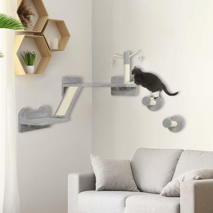 3-Piece Cat Wall Furniture Set with Scratching Posts, Pads, Perches & Toys - Light Grey