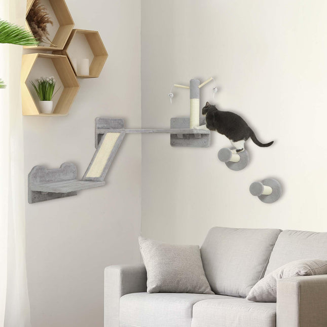 3-Piece Cat Wall Furniture Set with Scratching Posts, Pads, Perches & Toys - Light Grey