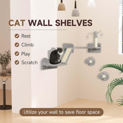 3-Piece Cat Wall Furniture Set with Scratching Posts, Pads, Perches & Toys - Light Grey