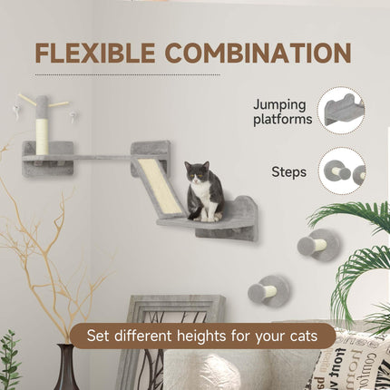 3-Piece Cat Wall Furniture Set with Scratching Posts, Pads, Perches & Toys - Light Grey