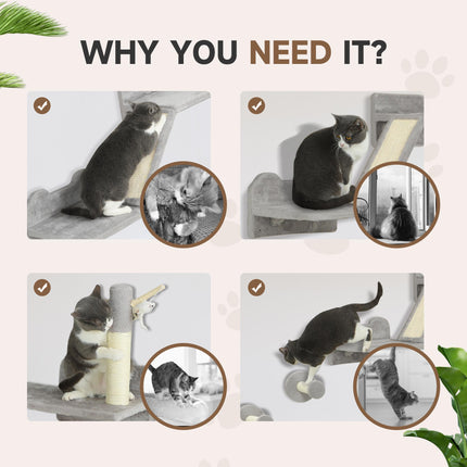 3-Piece Cat Wall Furniture Set with Scratching Posts, Pads, Perches & Toys - Light Grey
