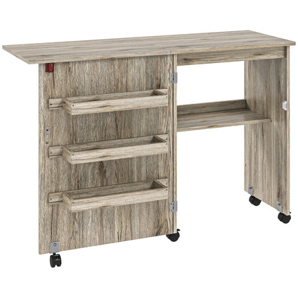 Folding Sewing Table with Drop Leaf, Storage Bins, Open Shelf & Wheels for Small Space - Grey