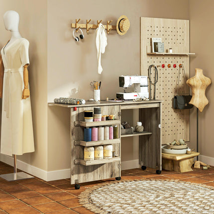 Folding Sewing Table with Drop Leaf, Storage Bins, Open Shelf & Wheels for Small Space - Grey