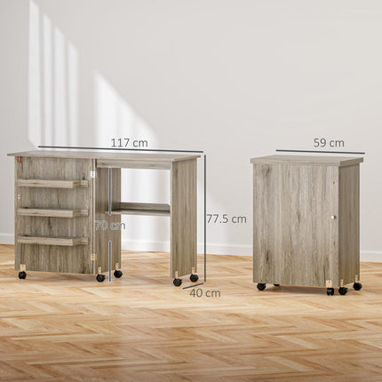 Folding Sewing Table with Drop Leaf, Storage Bins, Open Shelf & Wheels for Small Space - Grey