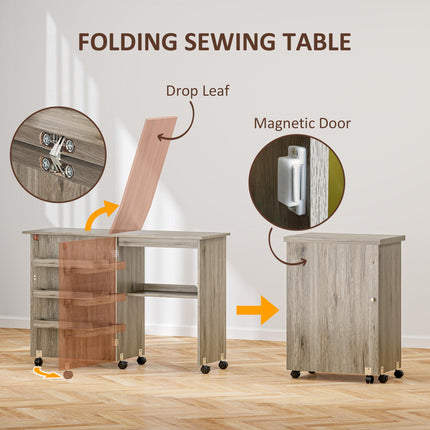 Folding Sewing Table with Drop Leaf, Storage Bins, Open Shelf & Wheels for Small Space - Grey