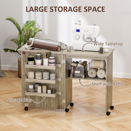 Folding Sewing Table with Drop Leaf, Storage Bins, Open Shelf & Wheels for Small Space - Grey