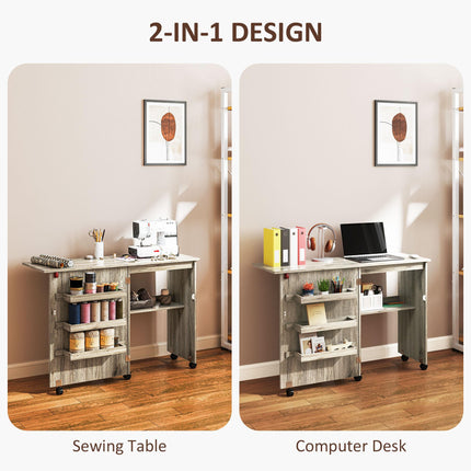 Folding Sewing Table with Drop Leaf, Storage Bins, Open Shelf & Wheels for Small Space - Grey