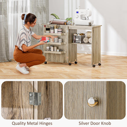 Folding Sewing Table with Drop Leaf, Storage Bins, Open Shelf & Wheels for Small Space - Grey