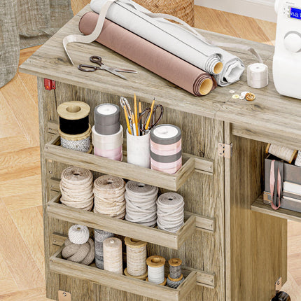 Folding Sewing Table with Drop Leaf, Storage Bins, Open Shelf & Wheels for Small Space - Grey